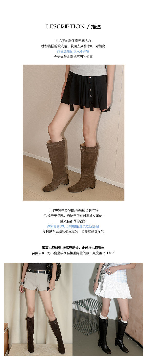 Karin Luna Belt Buckle Elegant Chunky Heel Suede Western Boots