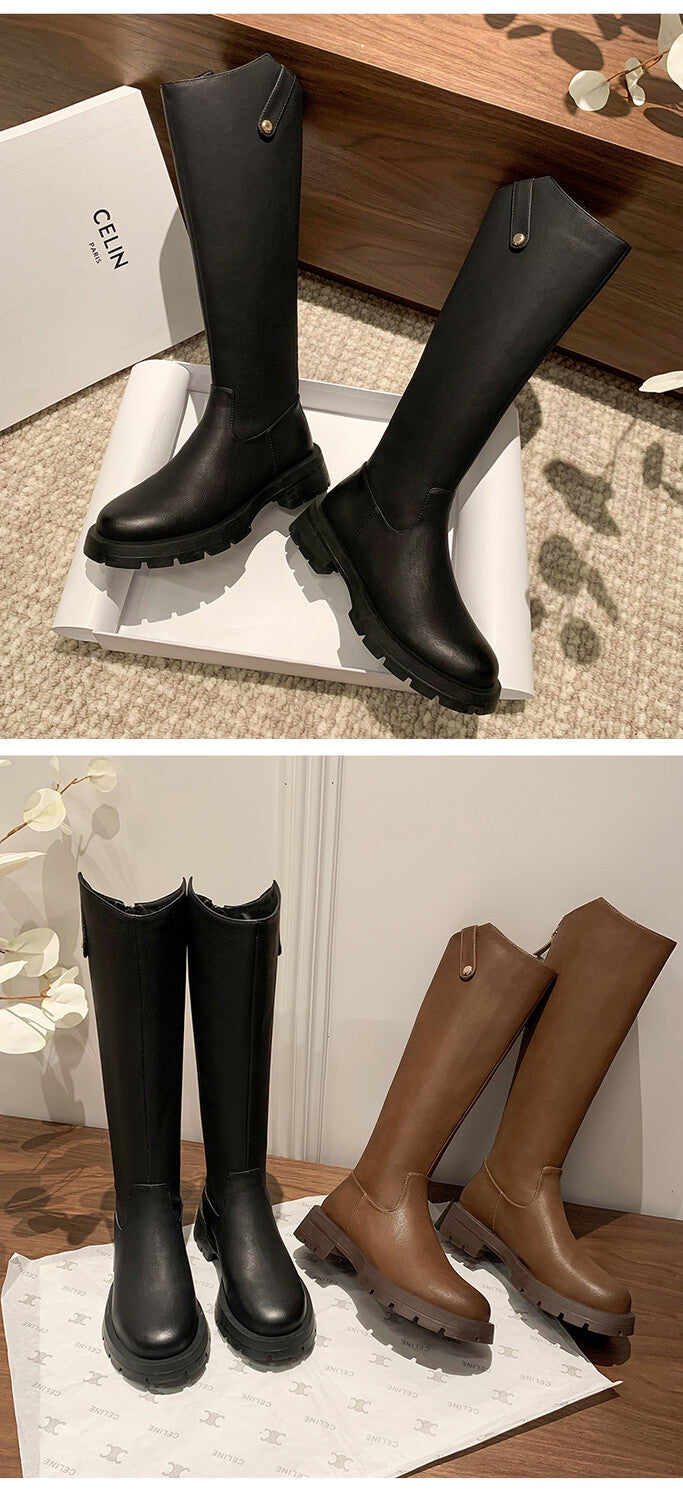 Karin Luna Hot-Selling In Stock   Basic Casual Hot-Selling Round-Toe Long Boots Full Cowhide Leather Long Boots Flat Bottom Hot Sale