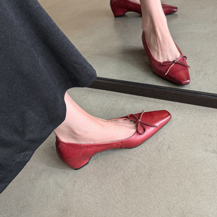 Karin Luna Full Layer Inside and Out~Basic Versatile Small Square Toe Butterfly Knot Irregular Heel Single Shoes