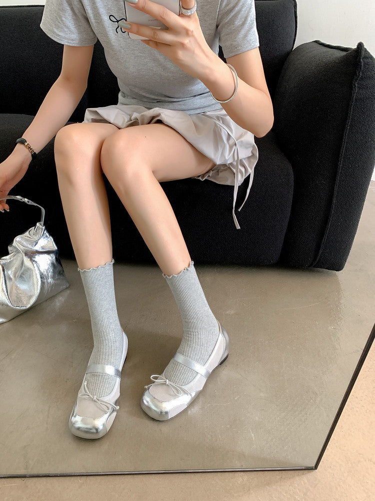 Karin Luna In Stock Spot Goods    Color Block Cowhide Leather Square Toe Slip-On Height Increasing Bowknot Flats