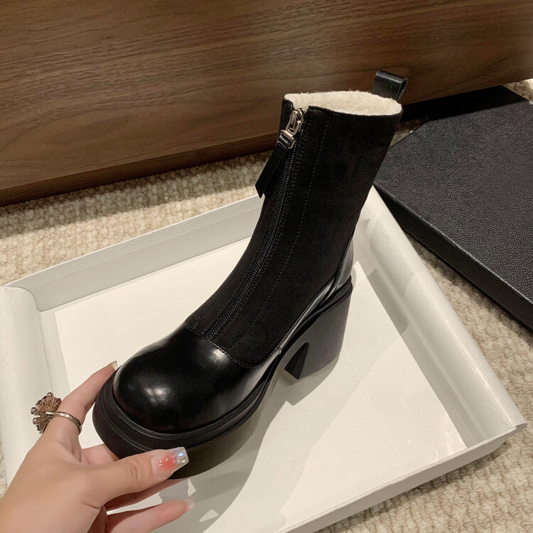 Karin Luna Basic Bestseller Timeless Thick Fur Lined Round Toe Thick Sole Cowhide Snow Boots
