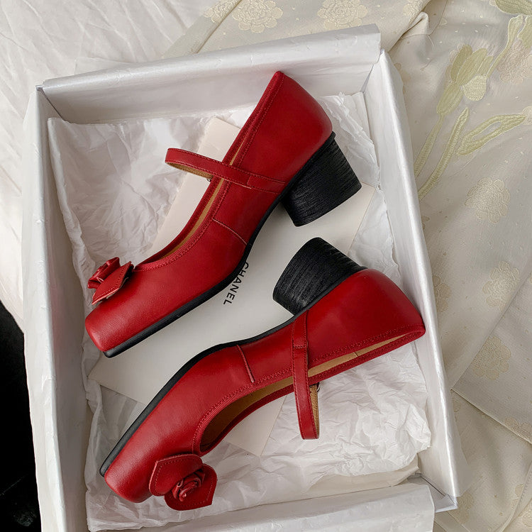 Karin Luna In Stock Spot Goods  Vintage Three-Dimensional Camellia Square-Toed Mary Jane Shoes