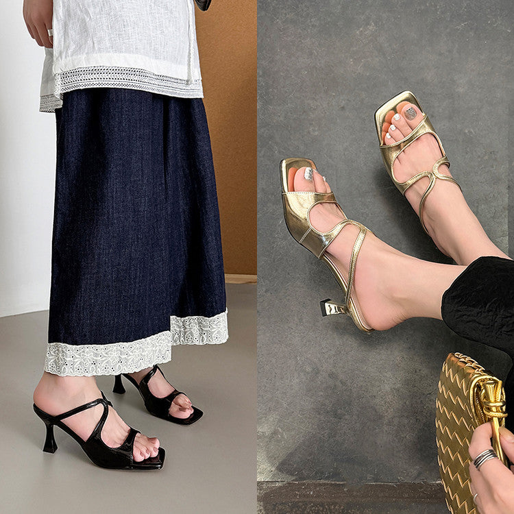 Karin Luna French Retro Square Toe Wrap Strap Open-Toe Slippers