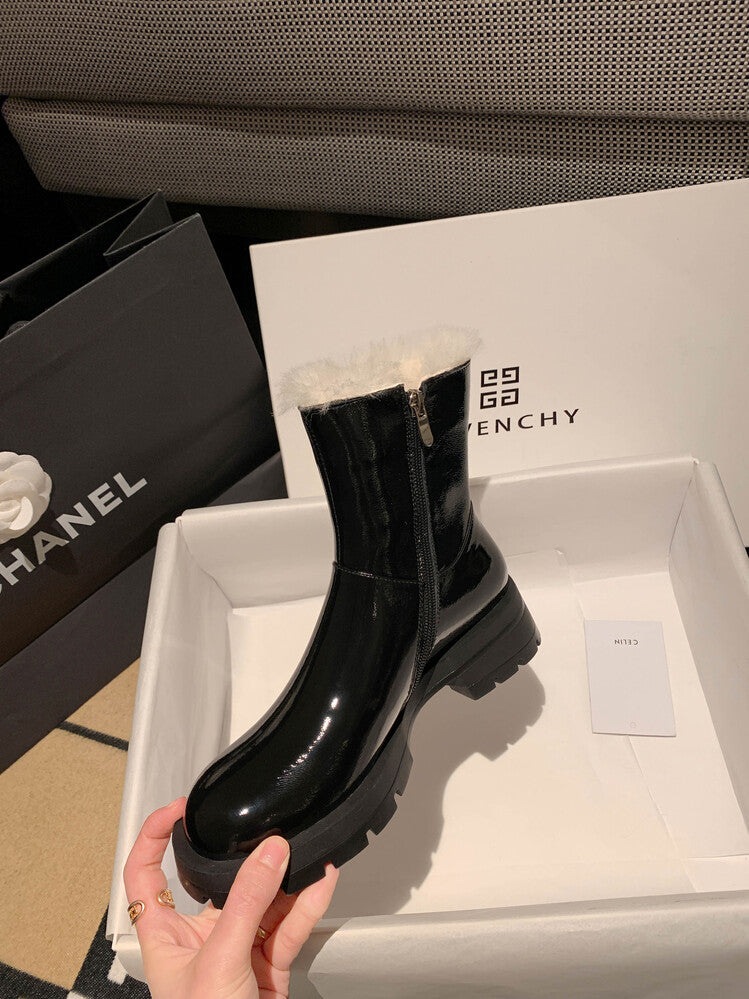 Karin Luna In Stock  Best-selling in stock Thickened Fleece Cow Patent Leather Hot-Selling Flat Short Boots