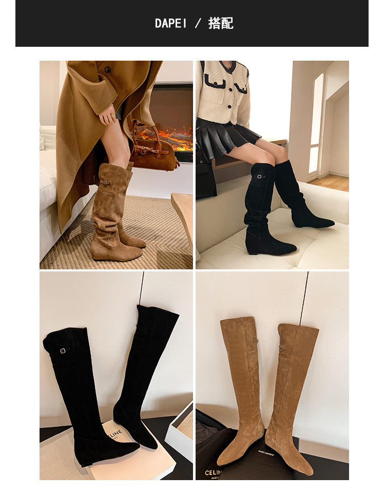 Karin Luna In Stock Spot Goods Vintage Cowhide Leather Two-Way Wear Pointed Toe Height-Increasing Long Boots