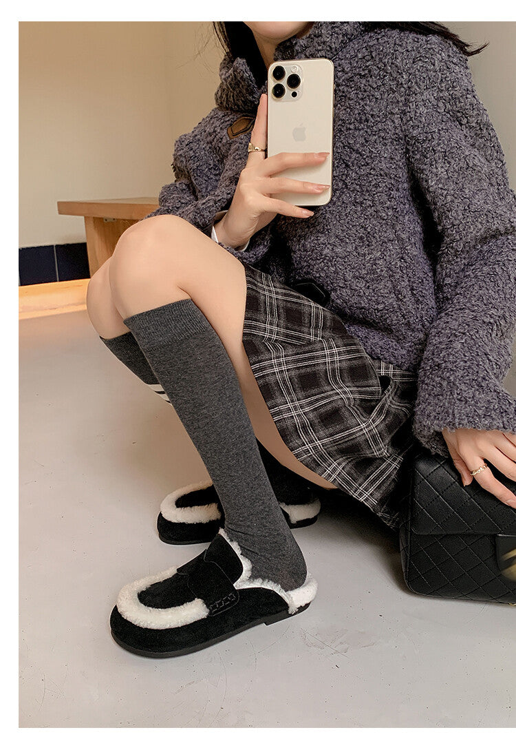 Karin Luna In Stock Look~This is such thick lamb wool Winter Atmosphere！Cowhide Leather Lamb Wool Round Toe Flat Sole Half Support！