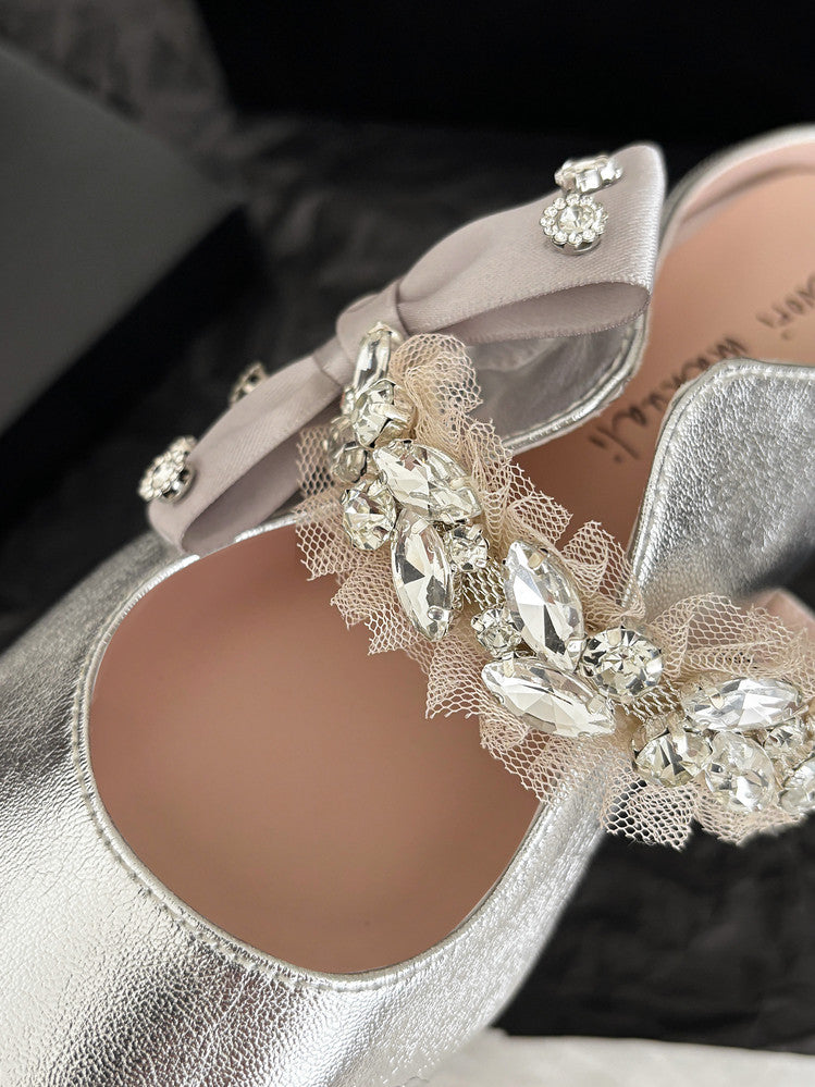 Karin Luna Handmade One-Strap Rhinestone Ribbon Square-Toe Mules