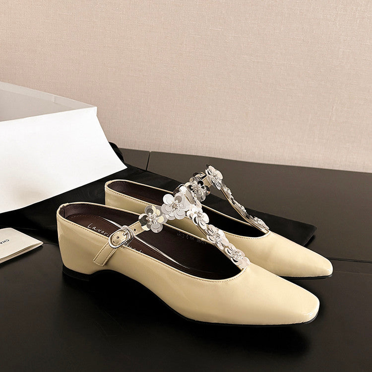Karin Luna In Stock Spot Goods  T Handmade Sequin Flower Square Toe Height-Increasing Closed-Toe Slippers