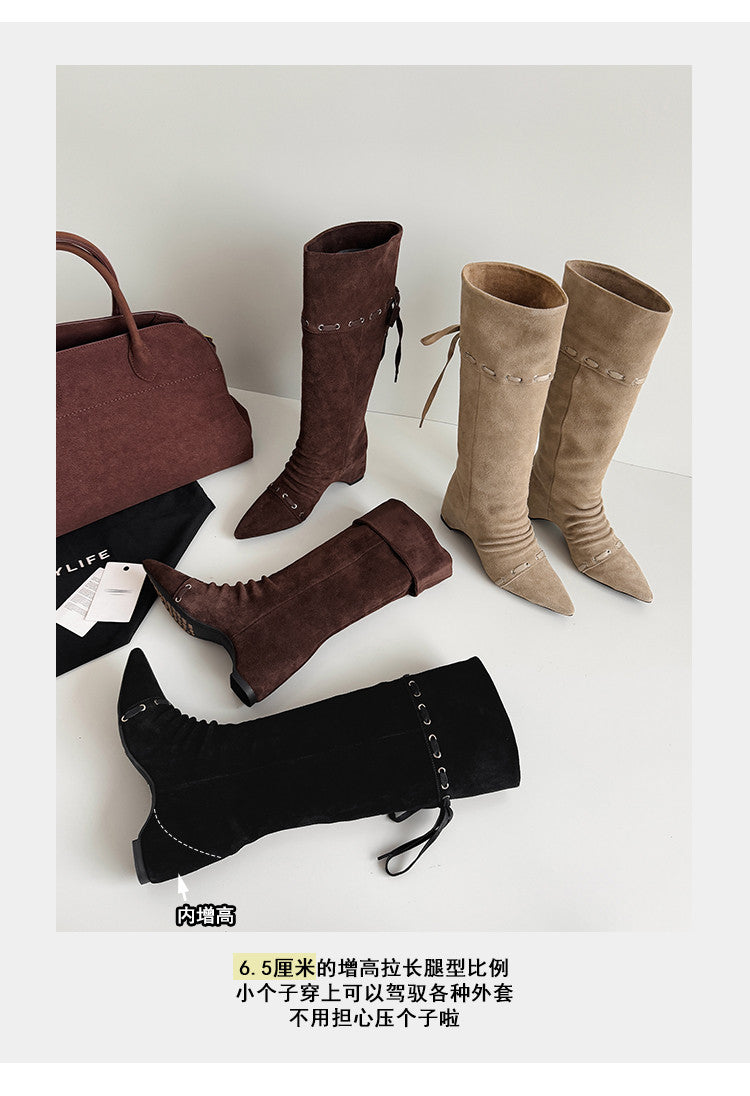 Karin Luna Elegant Style  Pointed Toe Pleated Hidden Wedge Western Boots