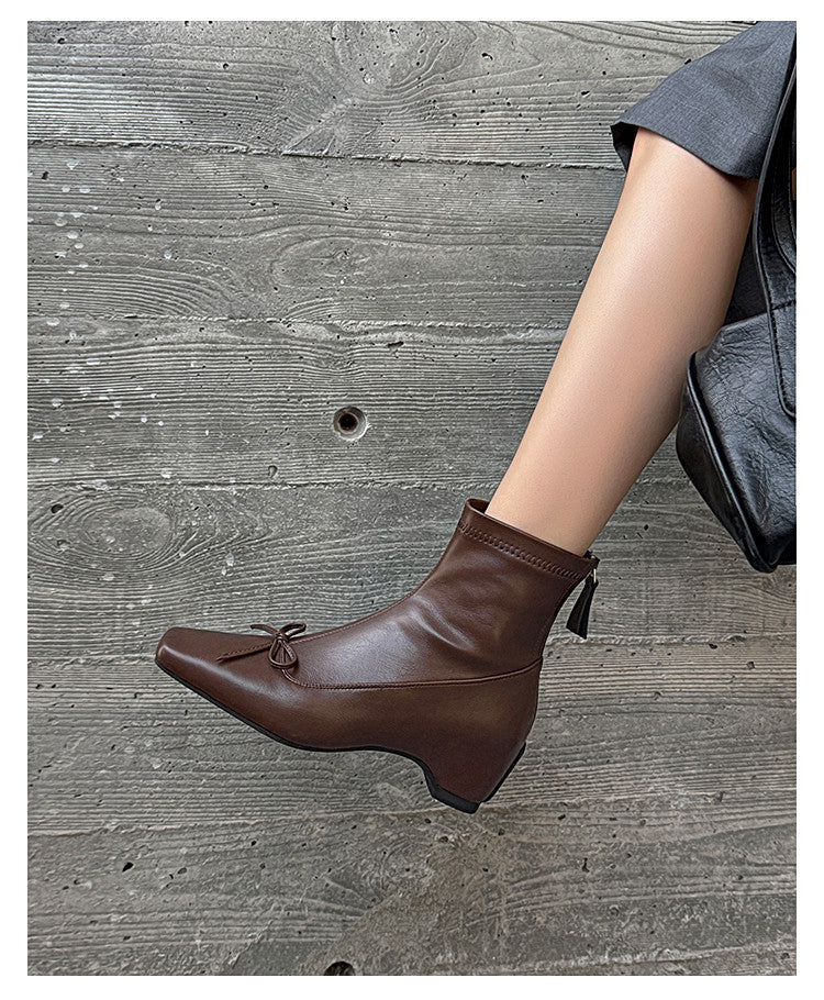 Karin Luna French Style Square Toe Bowknot Hidden Wedge Slim Boots