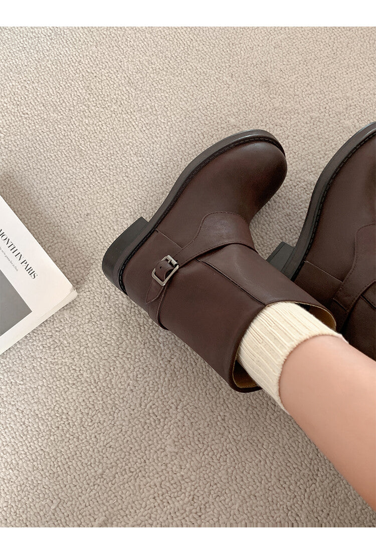 Karin Luna Belt Buckle Chunky Heel Fashion Short Boots