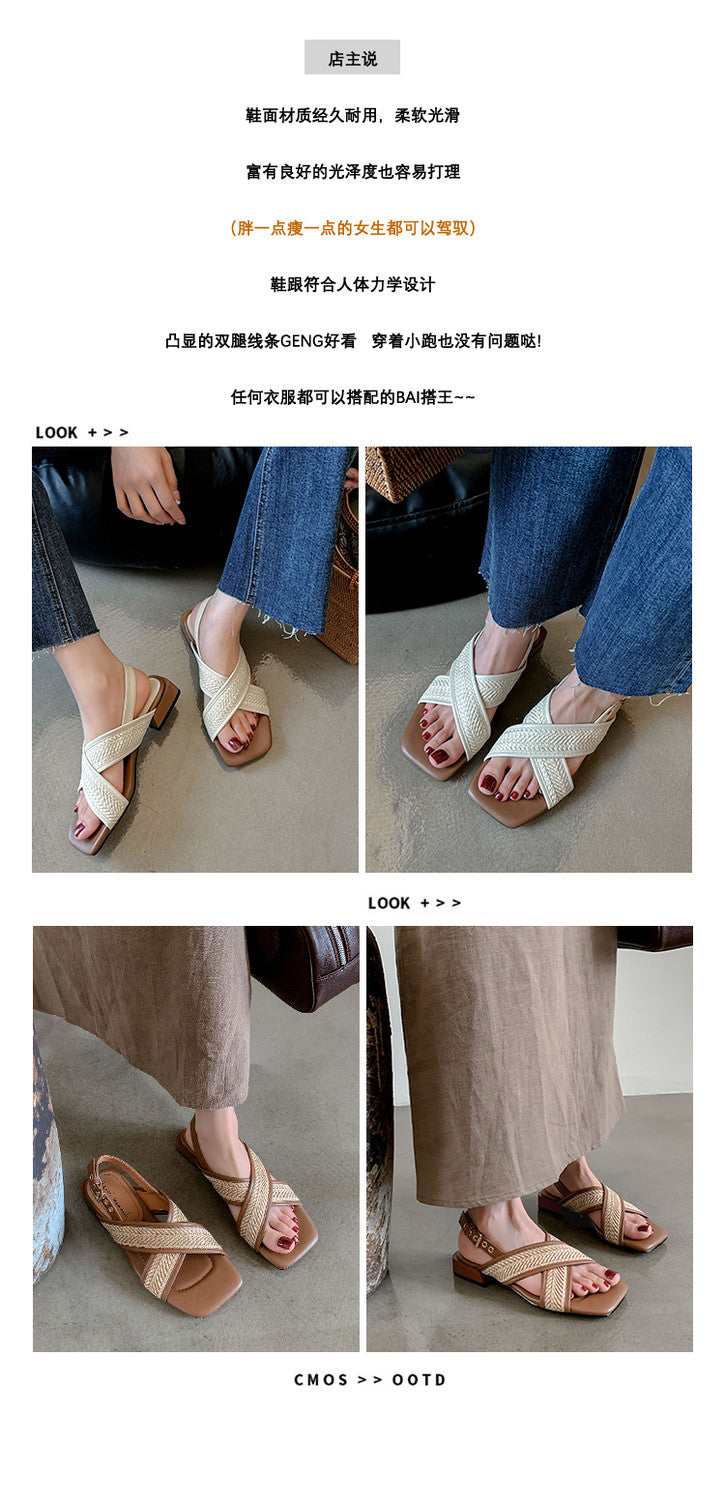 Karin Luna In Stock  Spot Goods Woven Style  Cross-strap Vacation Style Flat Sandals
