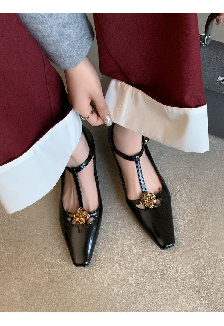 Karin Luna In Stock Spot Goods    Retro Classic Metal Camellia Irregular Heel Single Shoes