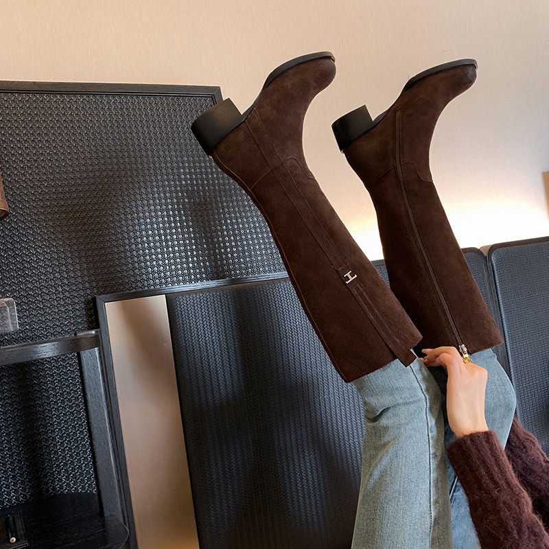 Karin Luna In Stock Spot Goods Basic Retro Square Toe Chunky Heel Riding Boots