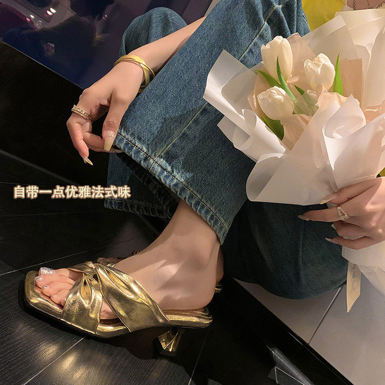 Karin Luna In Stock Spot Goods   Absolutely amazing4Color Cross Strap Thick Heel Square Toe Soft Slippers