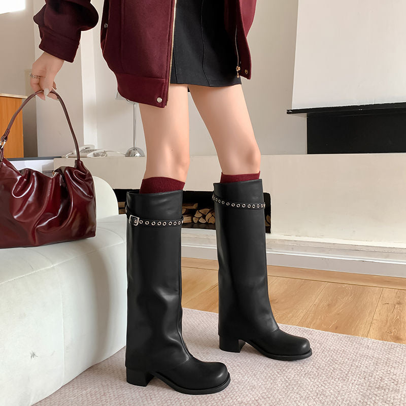 Karin Luna In Stock Spot Goods Belt Buckle Color-Washed Casual Thick-Soled Bootcut Pants Boots