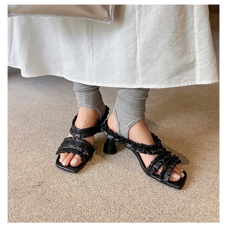 Karin Luna In Stock  Spot Goods  Unique Square-Toe Pleated Lace Sandals