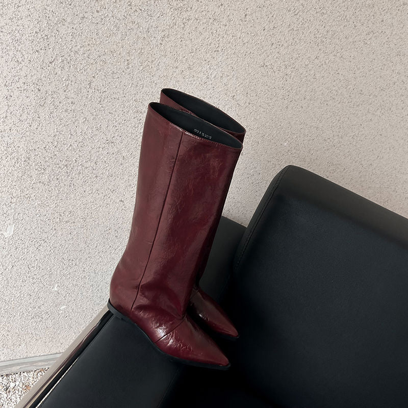 Karin Luna Elegant Style Pointed Toe Internal Height Increase Slip-On Long Boots