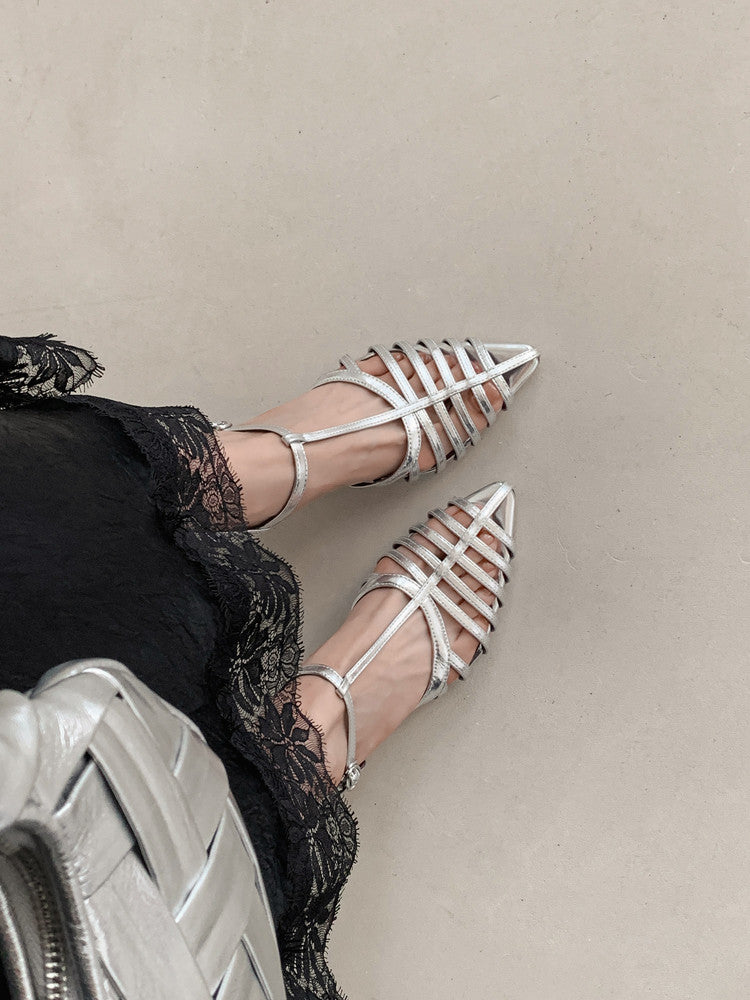 Karin Luna French Hollow Toe Metal Heel Elegant Sandals