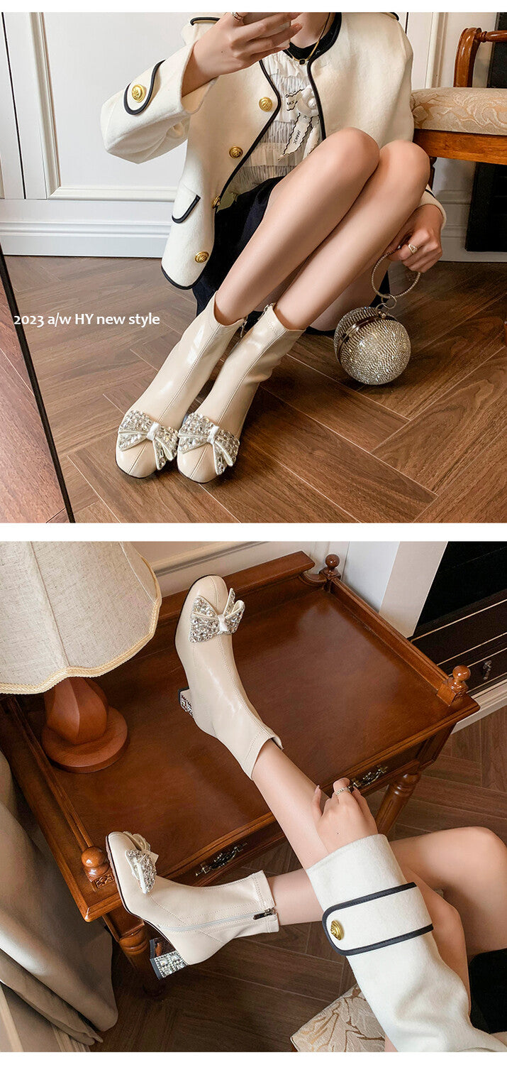 Karin Luna In Stock   Rhinestone Bow Thick Heel Slim Boots