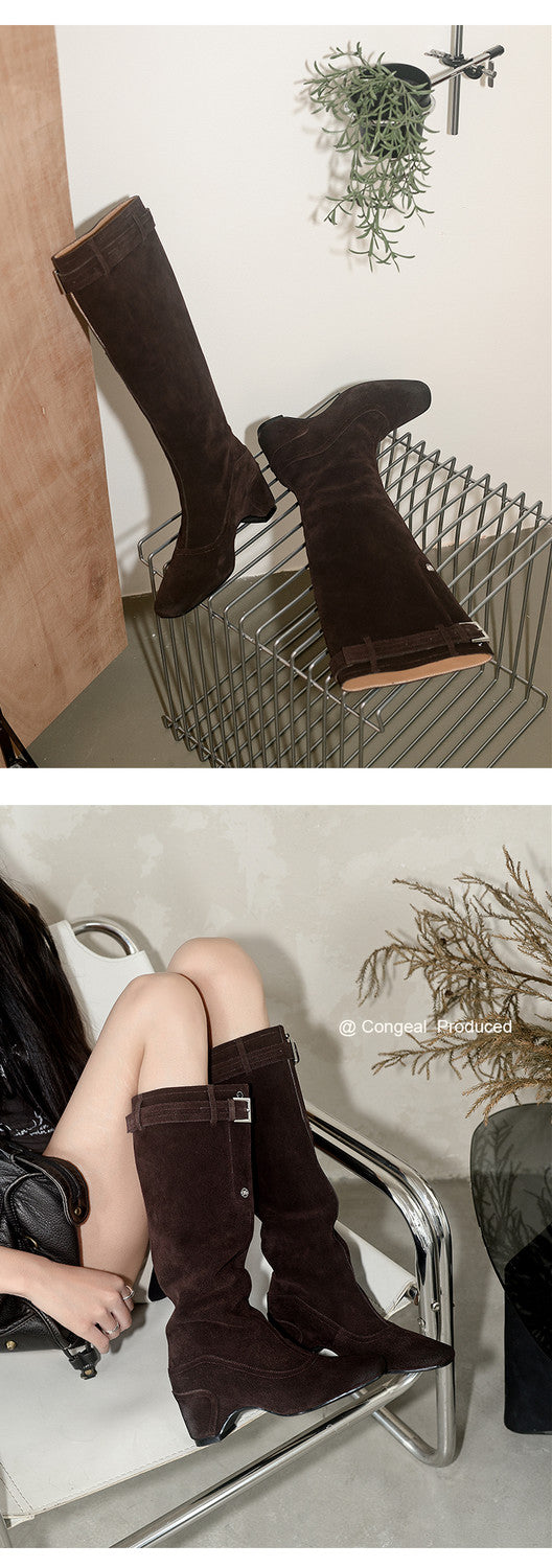 Karin Luna Belt Buckle Elegant Chunky Heel Suede Western Boots