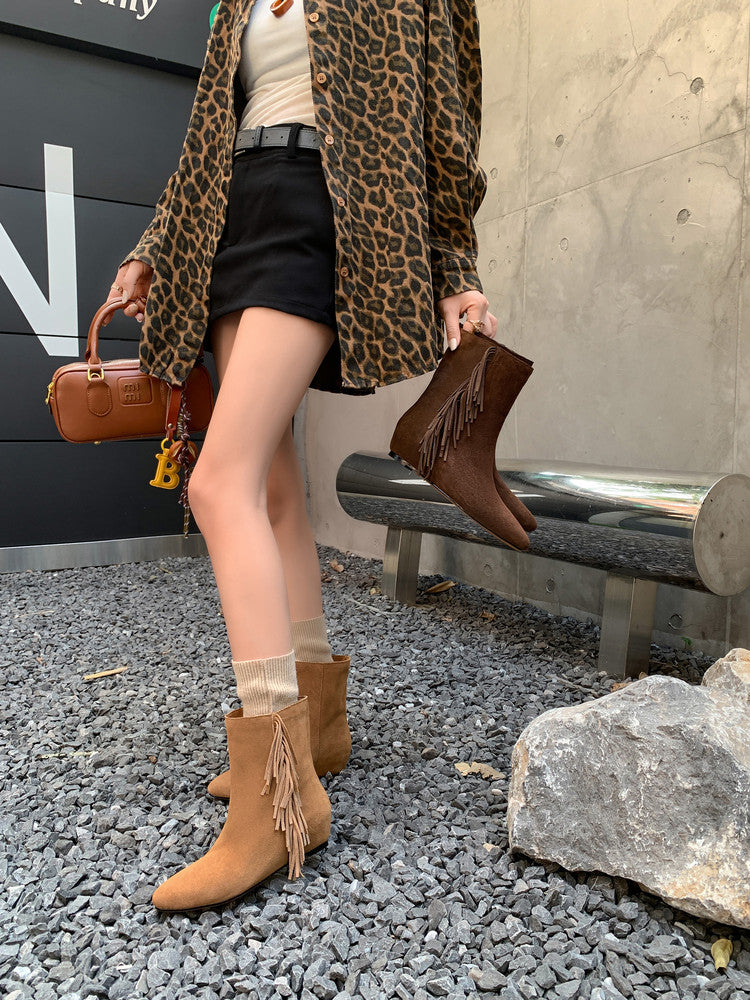 Karin Luna In Stock Spot Goods Tassel Square Toe Hidden Wedge Short Boots