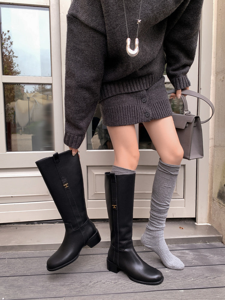 Karin Luna In Stock Spot Goods Basic Retro Square Toe Chunky Heel Riding Boots
