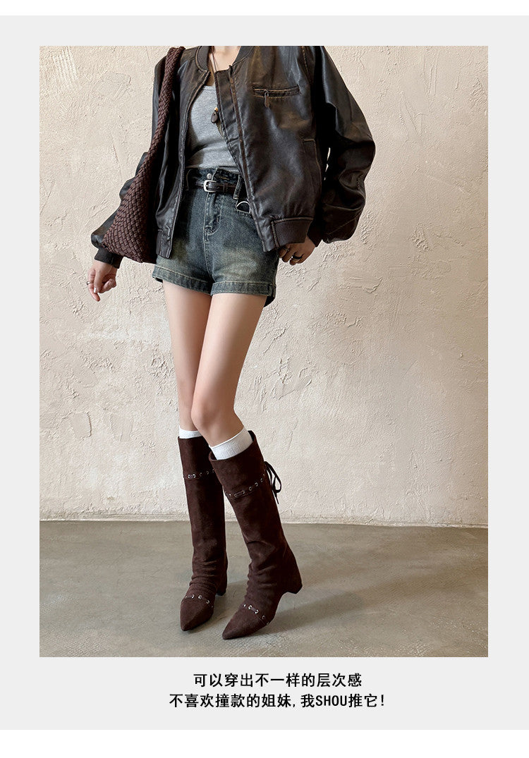 Karin Luna Elegant Style  Pointed Toe Pleated Hidden Wedge Western Boots