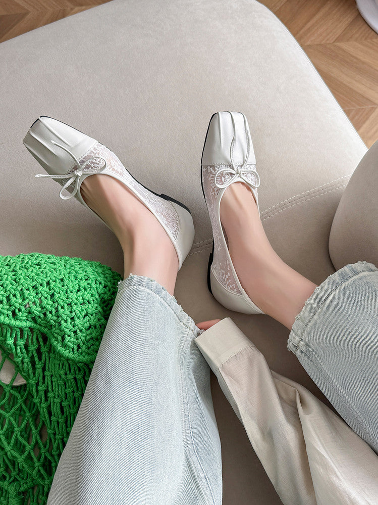 Karin Luna In Stock In Stock  Wrinkled Square Toe Patchwork Breathable Mesh Bow Granny Shoes