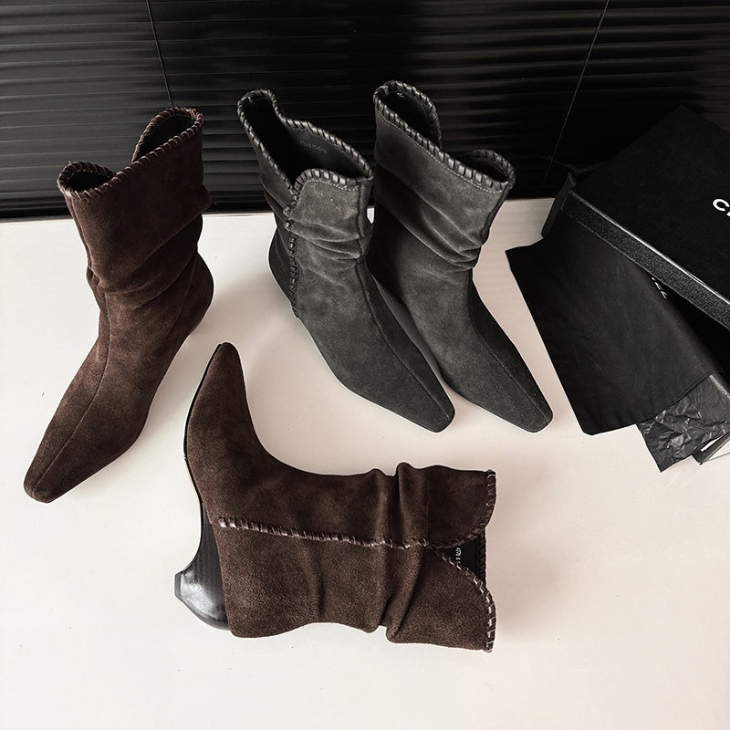 Karin Luna Elegant Style Small Square Toe Pleated Short Boots