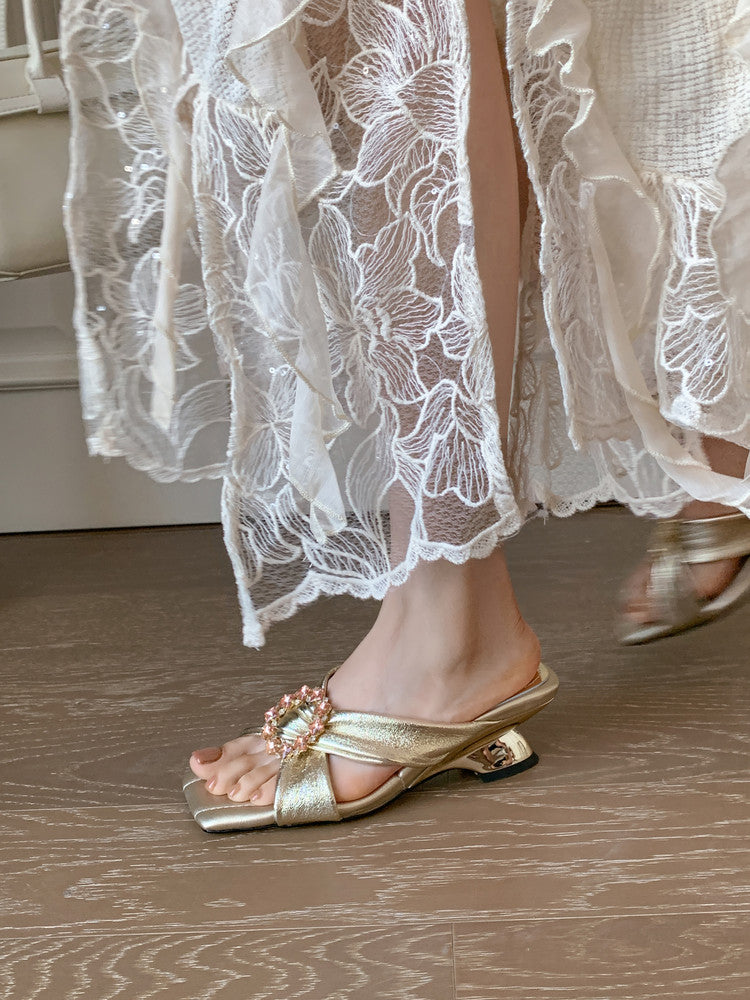 Karin Luna In Stock In Stock Elegant Square-Toe Cross-Strap Rhinestone Square-Toe Slippers