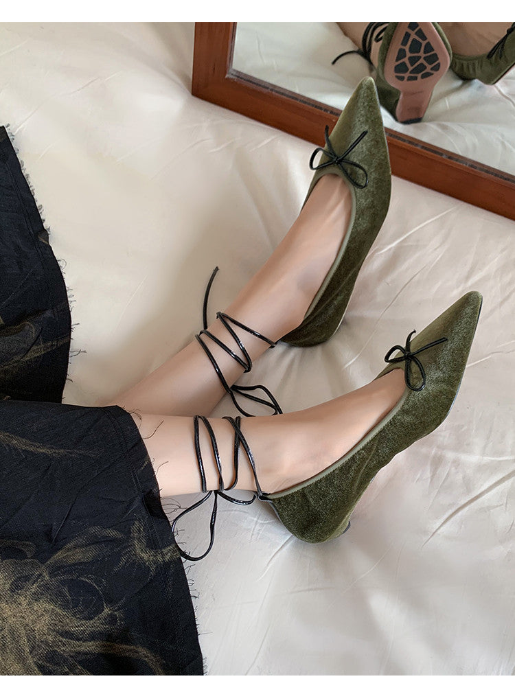 Karin Luna In Stock In Stock Retro Velvet Pointed Toe Bowknot Single Shoes