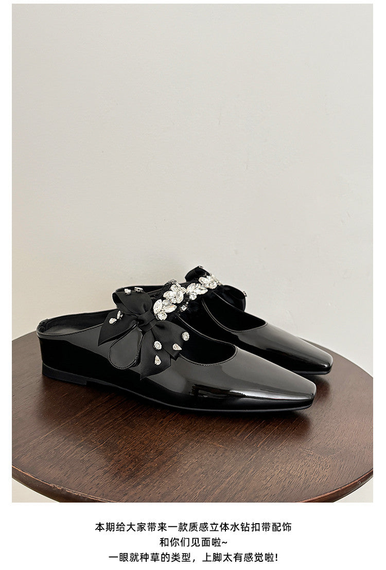 Karin Luna Handmade One-Strap Rhinestone Ribbon Square-Toe Mules