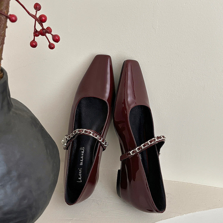 Karin Luna In Stock In Stock ~Metal One-Strap Pearl Small Square Toe Height-Increasing Flats
