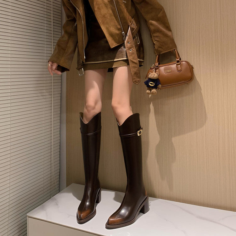 Karin Luna Classic Model In Stock Spot Goods  Elegant Belt Buckle Pointed Toe Chunky Heel Long Boots