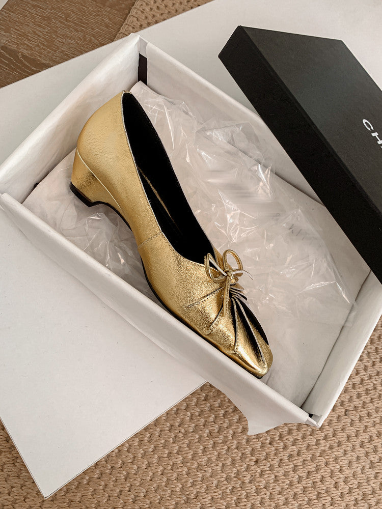 Karin Luna French Style Wrinkled Square Toe Height-Increasing Flats