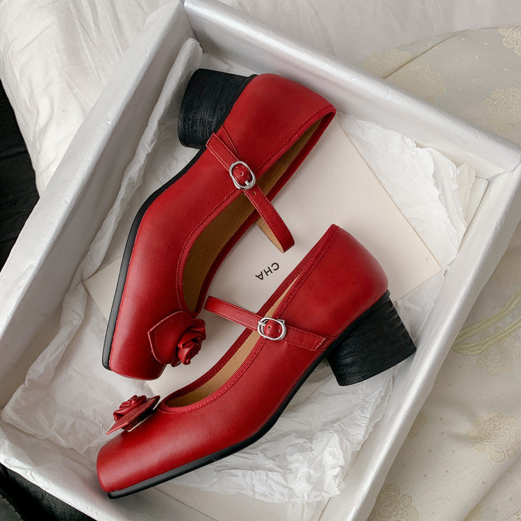 Karin Luna In Stock Spot Goods  Vintage Three-Dimensional Camellia Square-Toed Mary Jane Shoes
