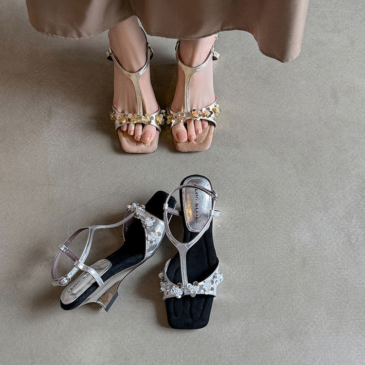 Karin Luna Hot-Selling Sequin Floral Series ~  Square Toe Irregular Heel Square Toe Sandals