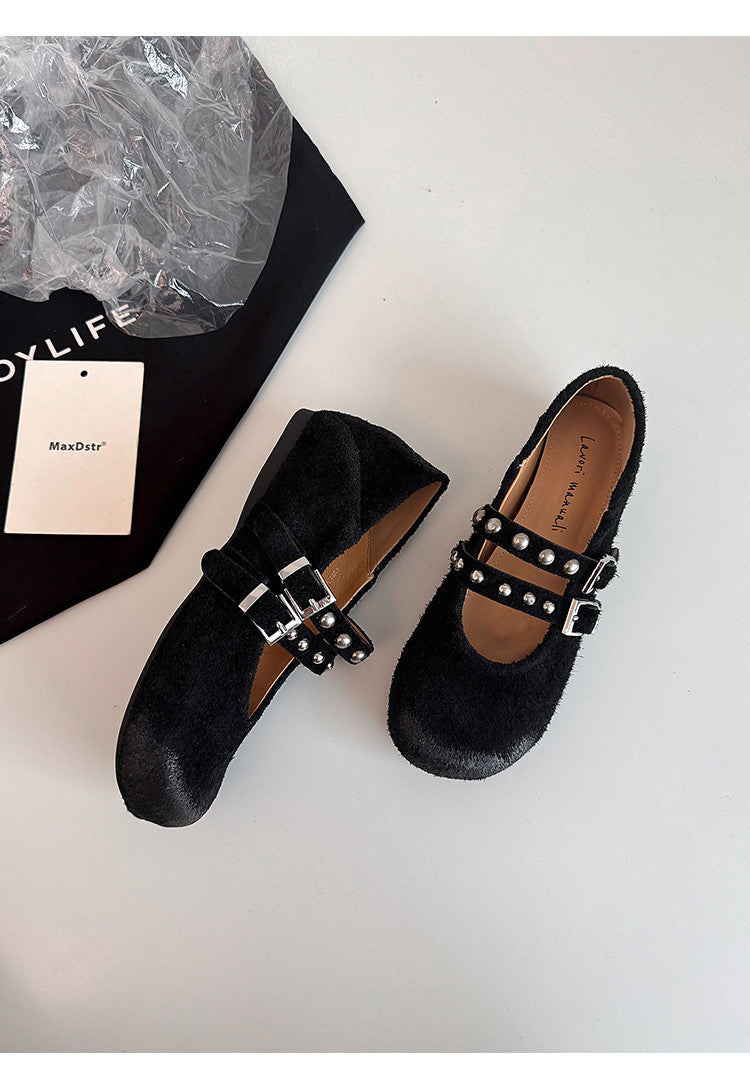 Karin Luna Hot Item Hot Item Punk Style One-Strap Round-Toe Suede Leather Height-Increasing Flats