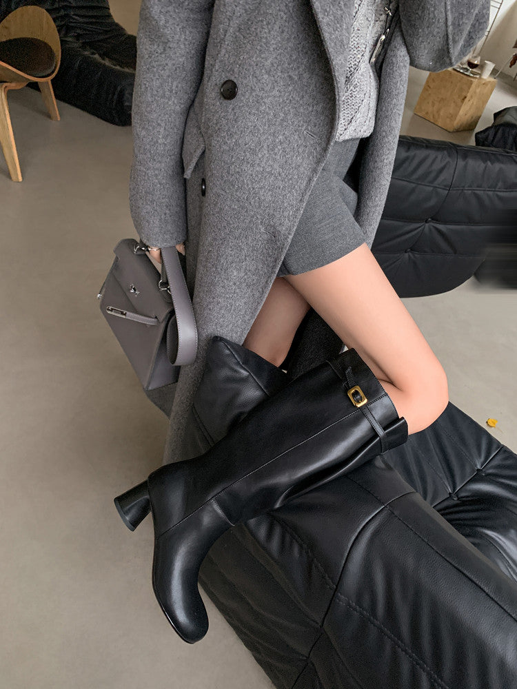 Karin Luna In Stock In Stock Mango Head Large Tube Belt Buckle Chunky Heel Long Boots