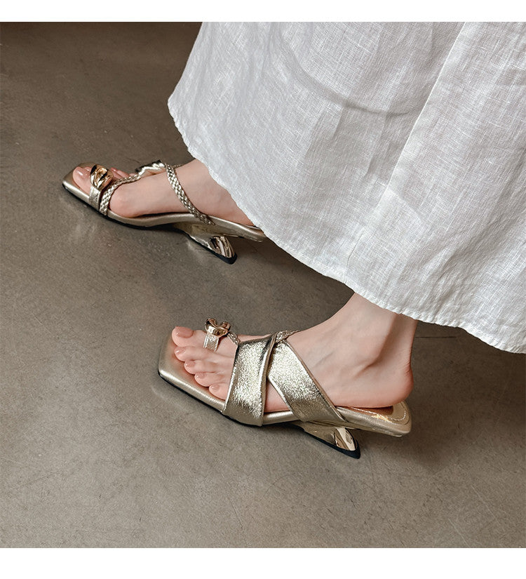Karin Luna Braided Style ~Cross Strap Square Toe Irregular Heel Slippers