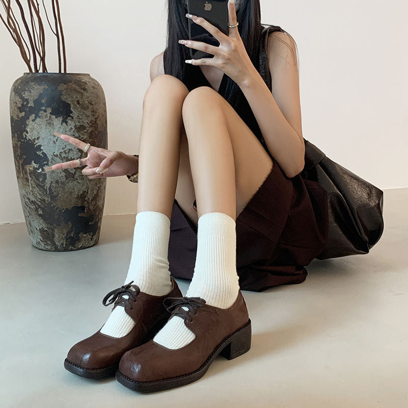 Karin Luna In Stock Spot Goods   Full leather inside and out Vegetable Tanned Hand-Grabbed Sheepskin Square-Toed Chunky Heel Single Shoes