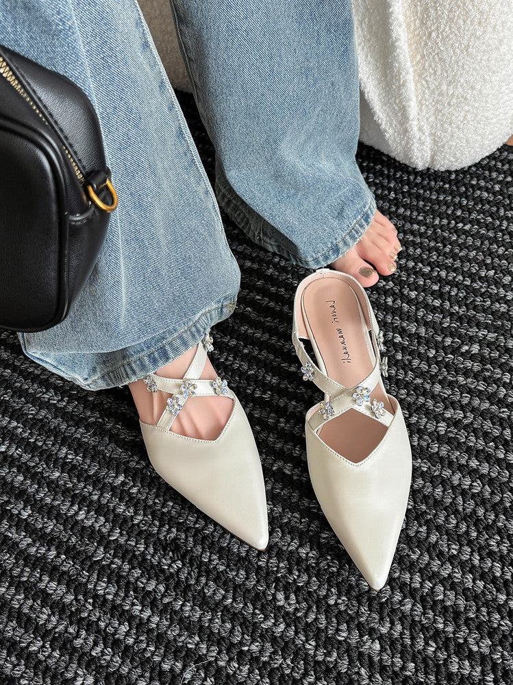 Karin Luna Elegant Pointed Toe Rhinestone Flower High Heel Mules