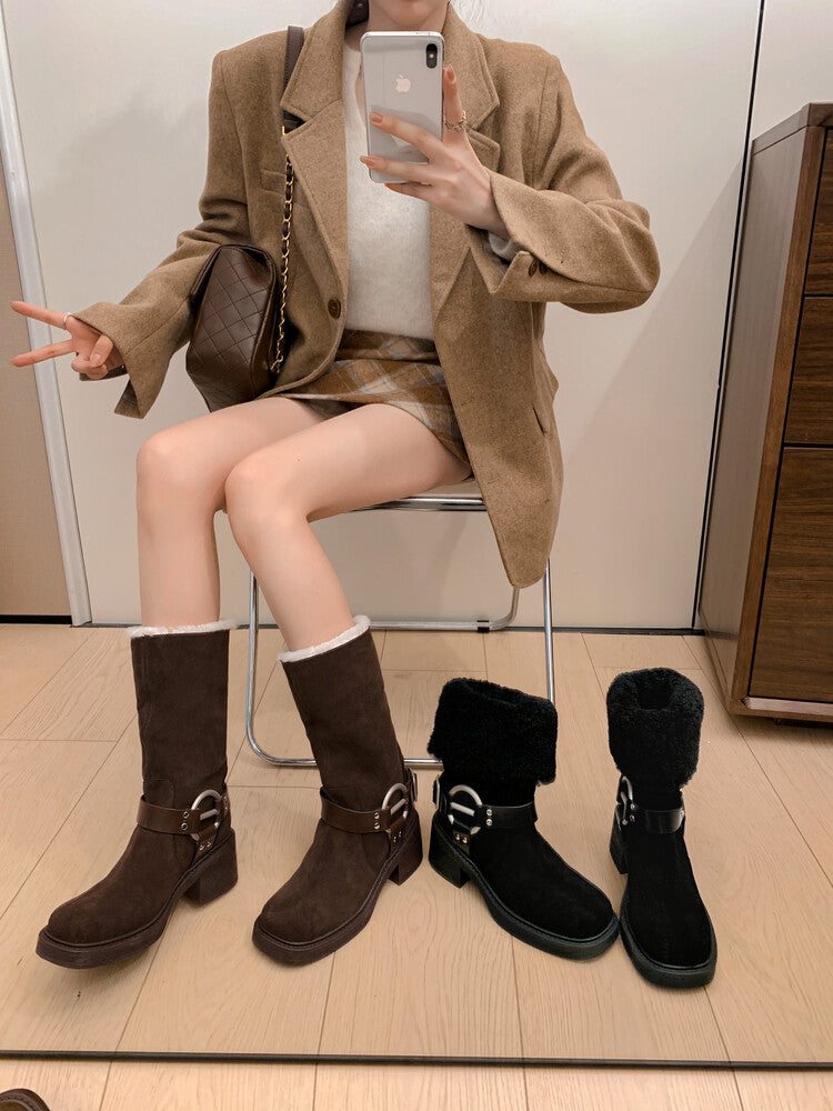 Karin Luna Genuine Lamb Wool and Cowhide Leather Hot-selling Metal Buckle Round Toe Chunky Heel Main Push Main Push