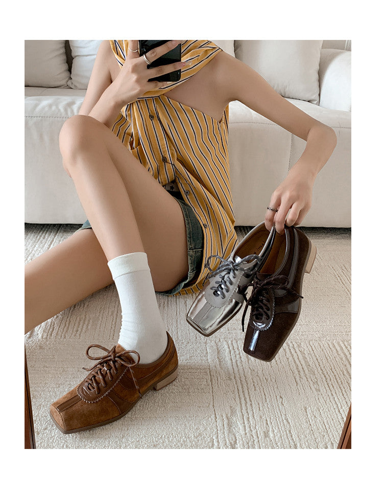 Karin Luna In Stock Spot Goods   Pig Nose Thin Strap Square Toe Patchwork Single Shoes