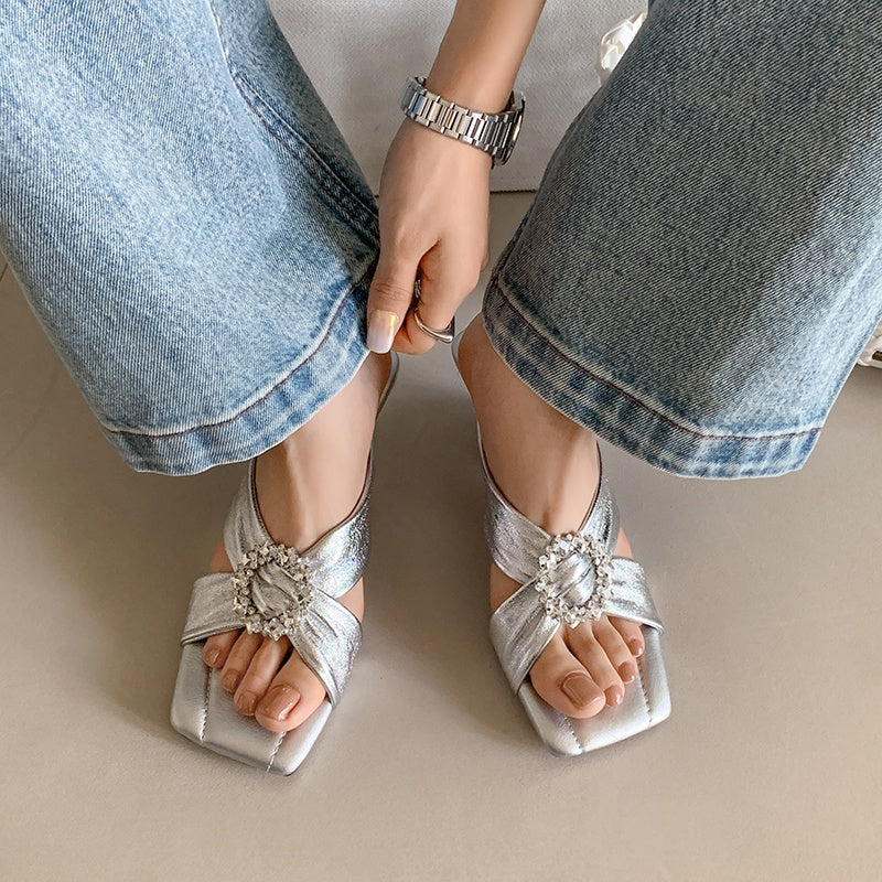 Karin Luna In Stock In Stock Elegant Square-Toe Cross-Strap Rhinestone Square-Toe Slippers