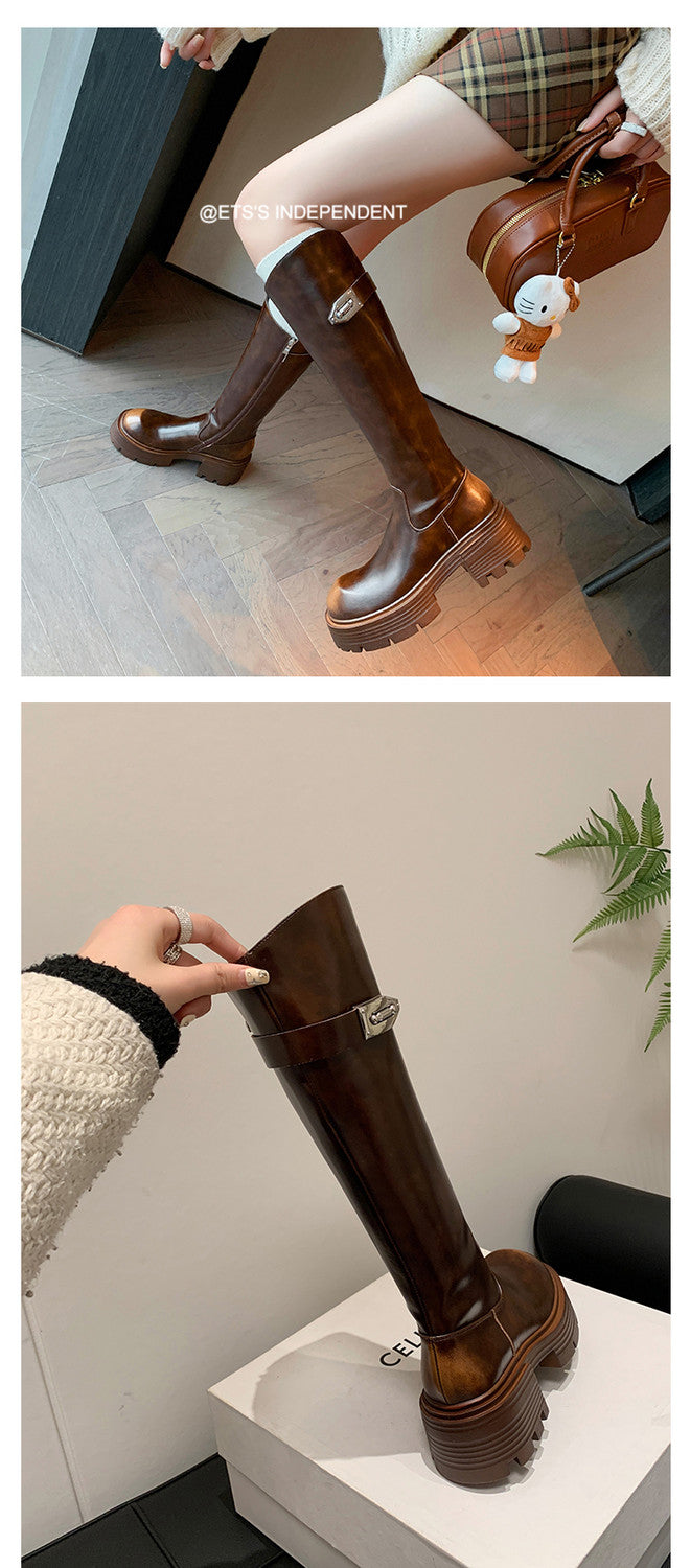 Karin Luna In Stock In Stock  Round Toe Thick Sole Belt Buckle Side Zipper Knight Boots