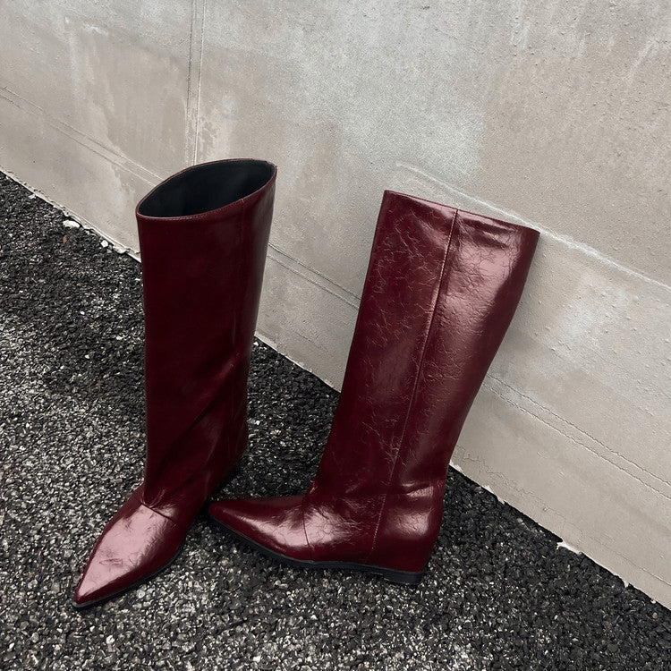 Karin Luna Elegant Style Pointed Toe Internal Height Increase Slip-On Long Boots