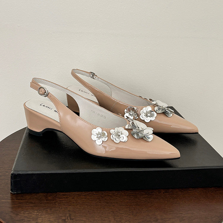 Karin Luna In Stock In Stock  Sequin Floral Pointed Toe Chunky Heel Closed-Toe Sandals