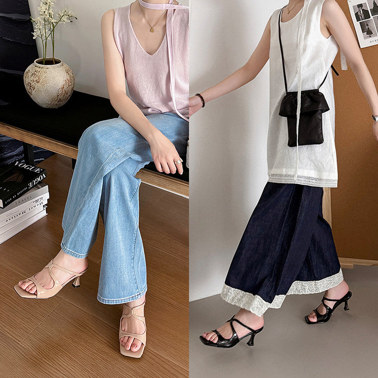 Karin Luna French Retro Square Toe Wrap Strap Open-Toe Slippers